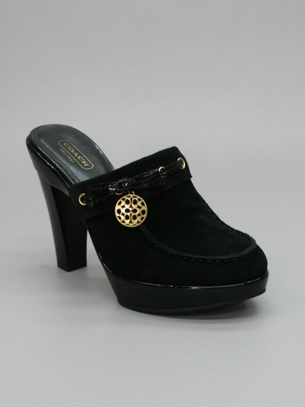 Coach Ladies 6 B Jodey Signature Black Suede Patent Leather Mules Platform Heels
